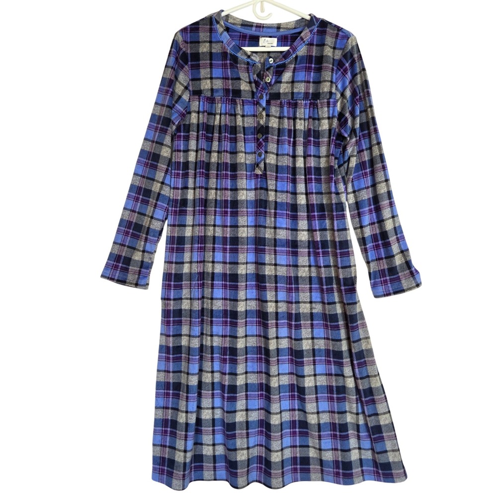 Aria Collection Nightgown Women M Blue Purple Plaid Long Sleeve Pockets Soft